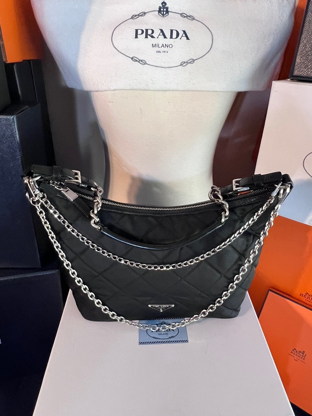Prada⭐️Black Quilted Shoulder Bag with Silver chains inc!⭐️Offers welcome! - Picture 2 of 15